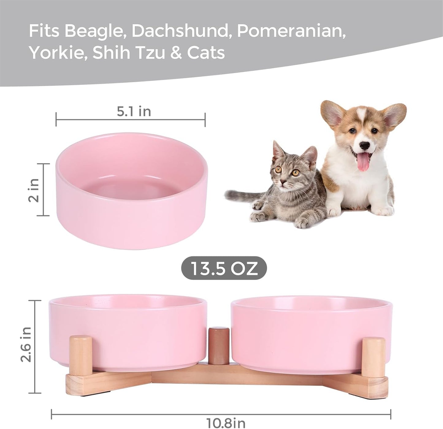 Ceramic Dog Bowl and Cat Bowls Set with 15° Adjustable Wood Stand, Non-Slip Weighted Pet Food and Water Bowls, Dual Raised Feeder for Small Dogs Cats, Matte Glaze Pet Dish 13.5oz Set of 2 (Pink)