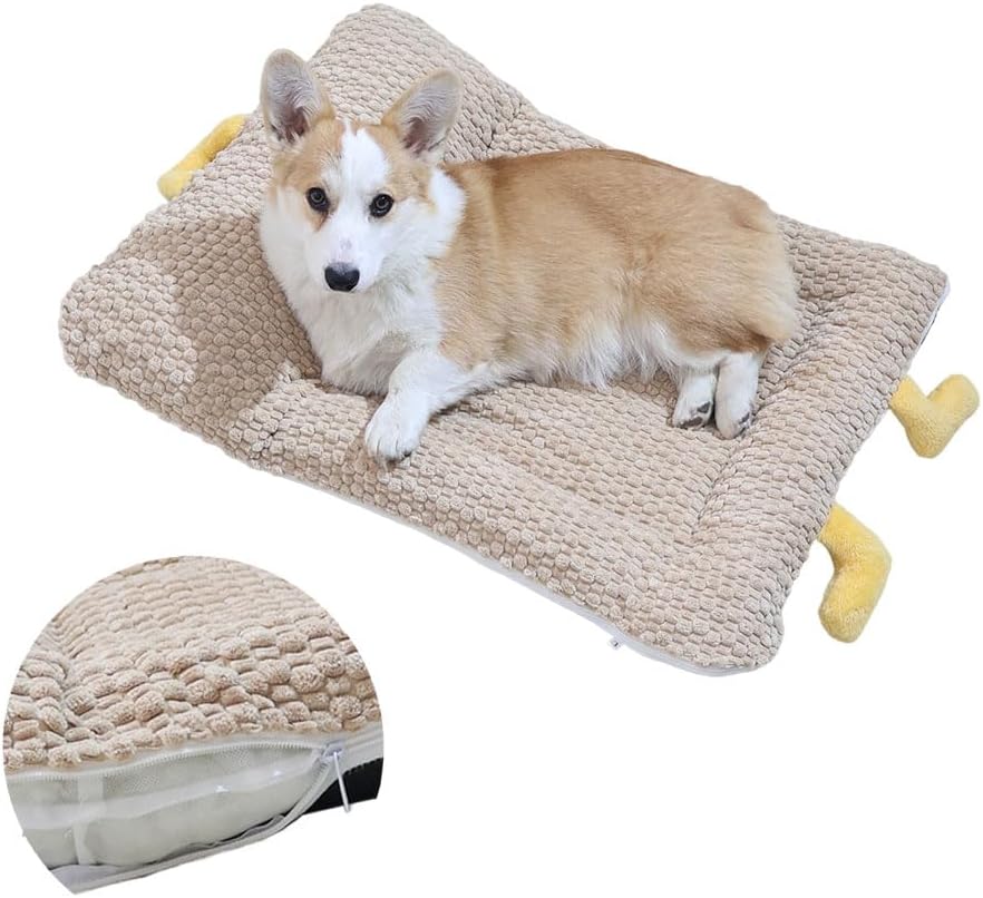Washable Dog Bed Mat, Soft Dog Cushion with Side Zip, Anti-Slip Cat Bed Pad with Bolster Around, Pet Sleeping Mat for Cat, Small, Medium Dogs, Dryer Friendly (29.5 * 21.6in)