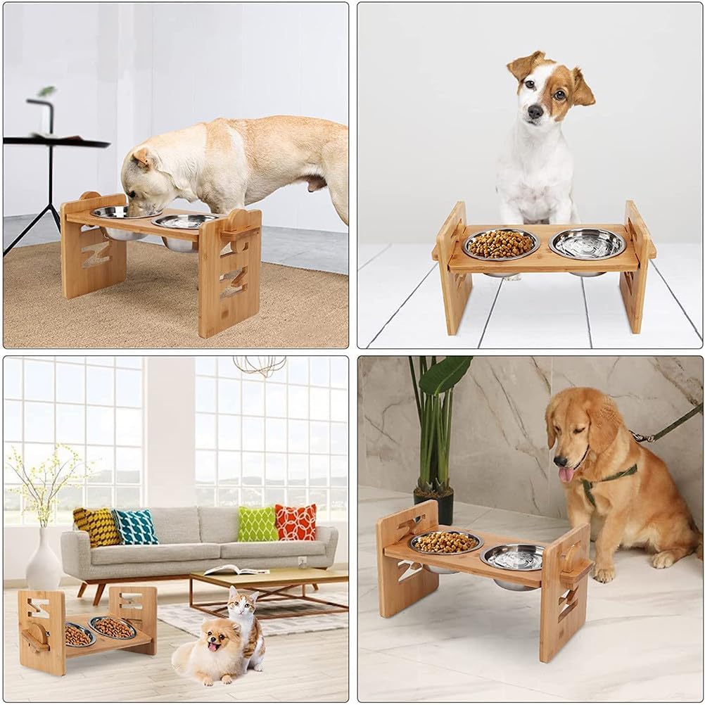 Milisten Raised Dog Bowl Stand with Neck Protection Elevated Pet Food Feeder Rack for Cats and Dogs Bamboo Style Pet Bowl Holder for Home Feeding 15.74X7.67In