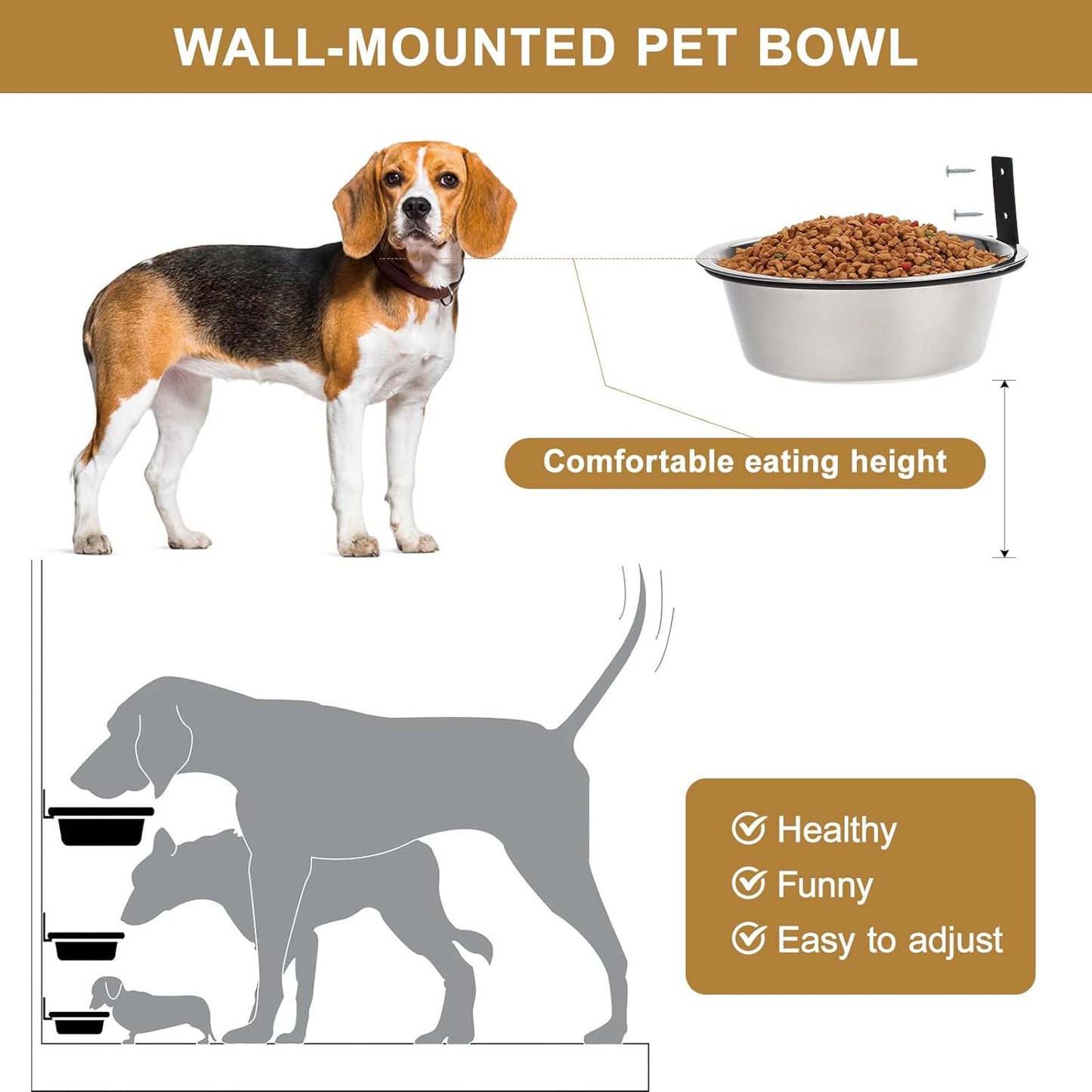 Raised Dog Bowl and Wall-Mounted Pet Feeding Dish, Stainless Steel Elevated Food and Water Bowl, 8-inch, Suitable for Large Dogs and Convenient Home Use