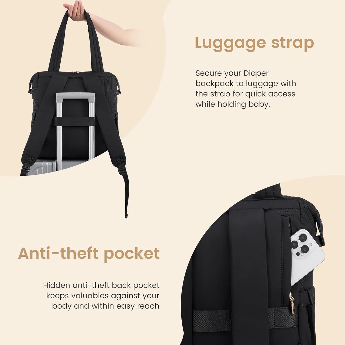 LOVEVOOK Diaper Bag Backpack,Diaper Bag Tote for Mom Dad with Changing Pad,Insulated Pockets, Convertible Mom Backpack with Pacifier Case（Black & Brown）