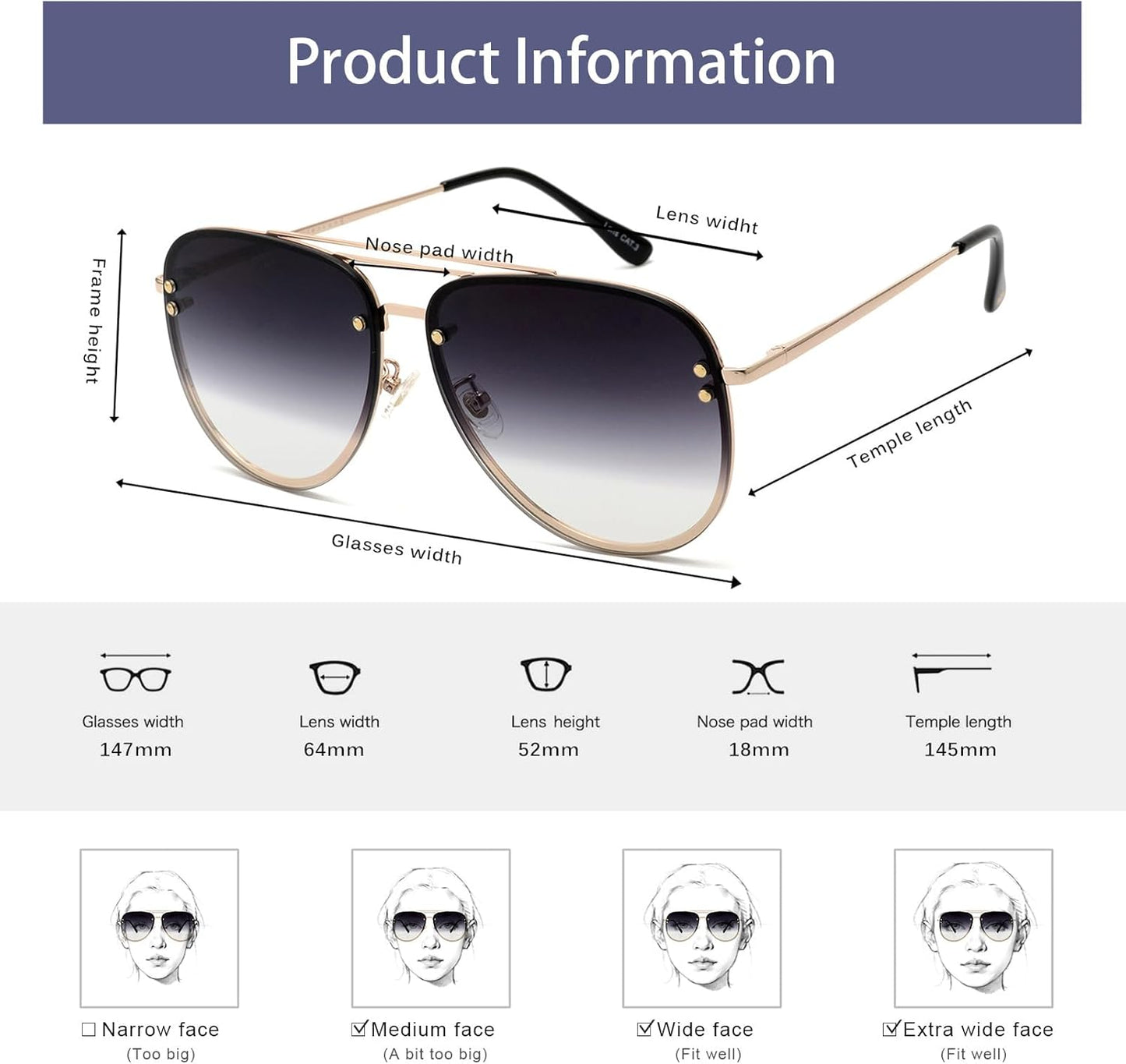 Trendy Oversized Aviator Sunglasses Womens, Retro Cute Big Shades Women's Fashion Sun Glasses UV Protection VF2203