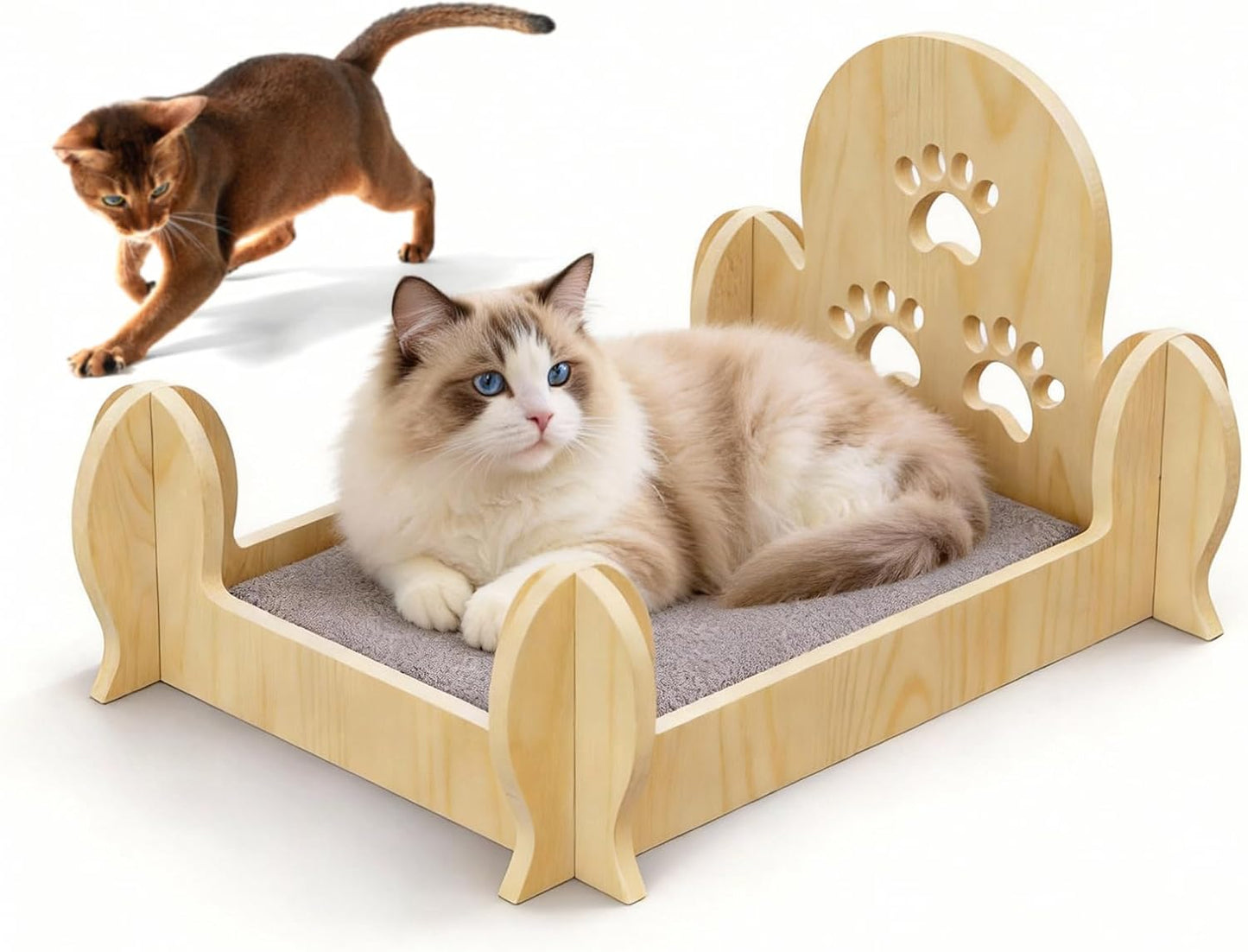 Solid Wooden Cactus Cat Bed with Paw Print Carvings, Space-Saving for Small Apartments, Studios & Rental Homes, Cute Decorative Cat Furniture for Indoor Cats & Kittens