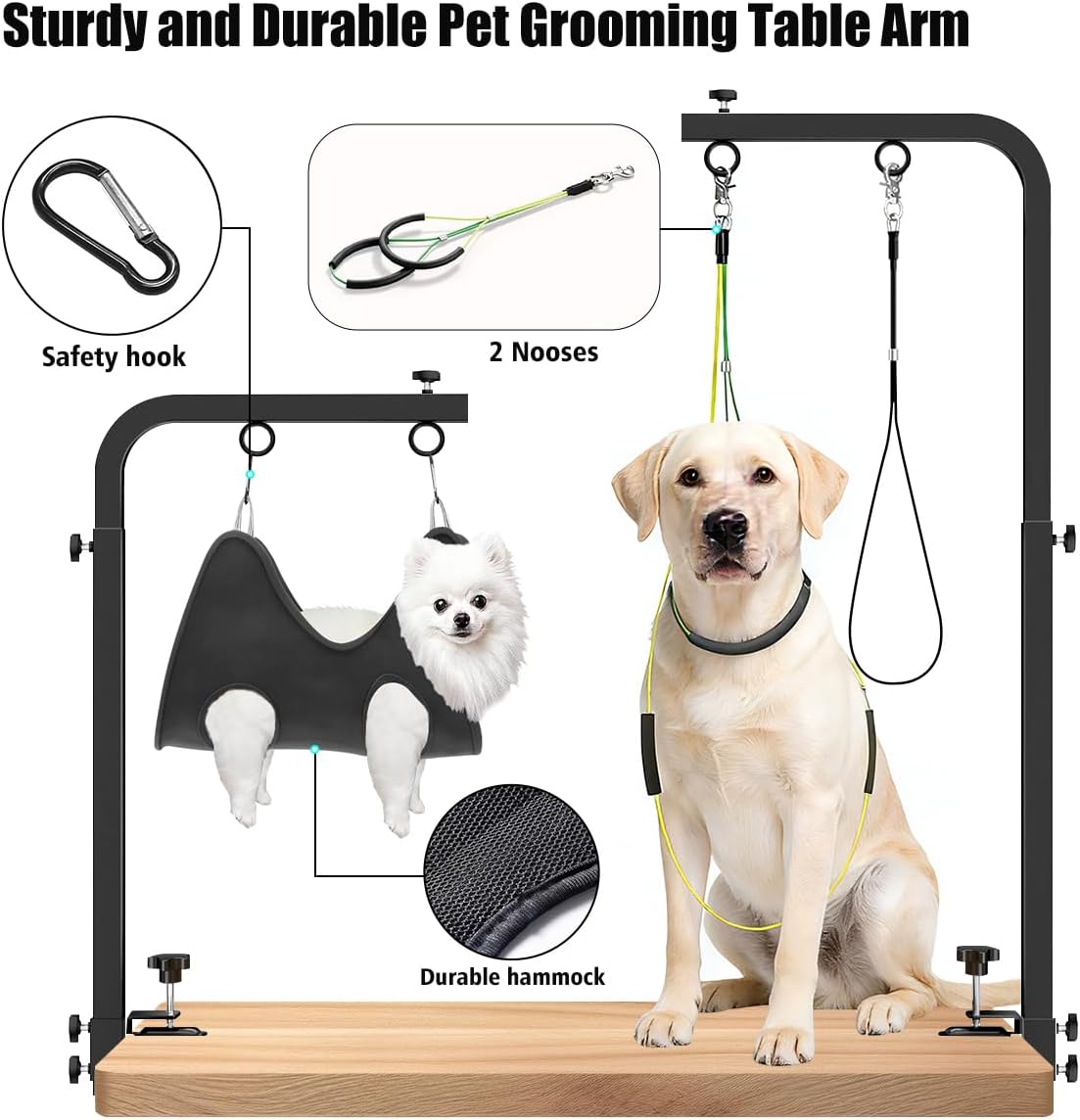 Portable Adjustable Dog Grooming Arm for Table- Pet Grooming Table Arm with Hammock & 2 Nooses, 42" Height Adjustable and 27" - 39" Width Adjustable,Applicable to Home & Store Pets