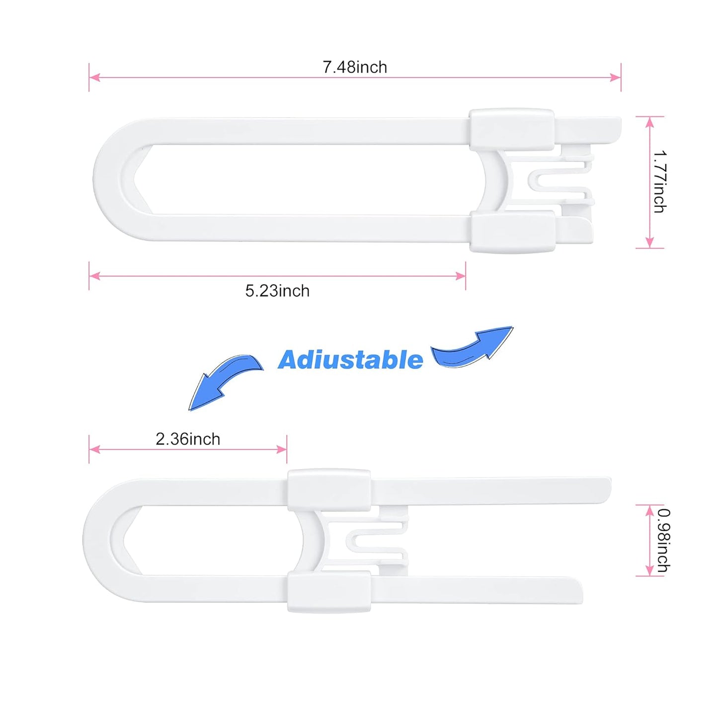 Vmaisi 8 Pack Baby Sliding Cabinet Locks - Adjustable U Shaped Child Safety Locks,Childproof Latches for Kitchen Bathroom Storage Cupboards Doors, Handles and Knobs White
