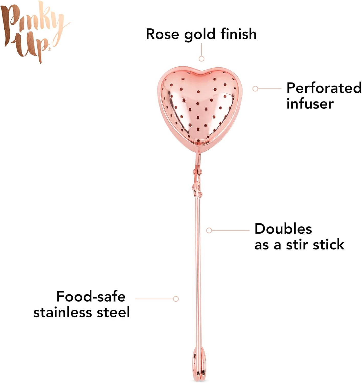 Pinky Up Heart Shaped Tea Ball, Reusable Loose Leaf Tea Infuser, Brew Tea with Ease, Stainless Steel, Rose Gold