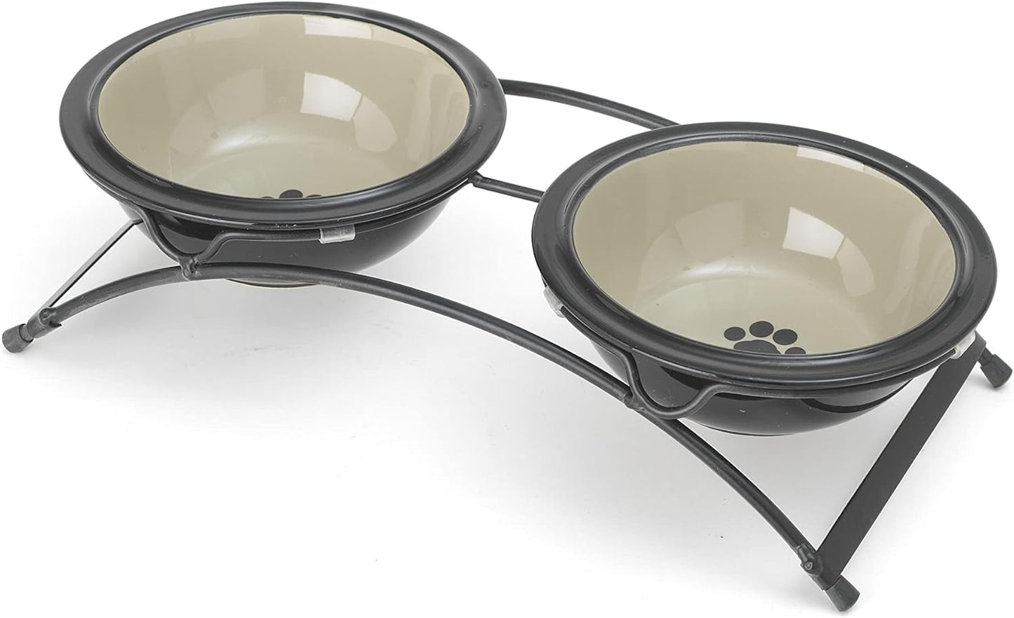 Petrageous 44339 Buddys Best Steel Frame Non-Skid Raised Dog Feeder 13-Inch by 5.75-Inch by 3-Inch Tall Anti Slip Dog Diner with 2 Dishwasher-Safe Stoneware 6-Inch 2-Cup Capacity Bowls, Brown