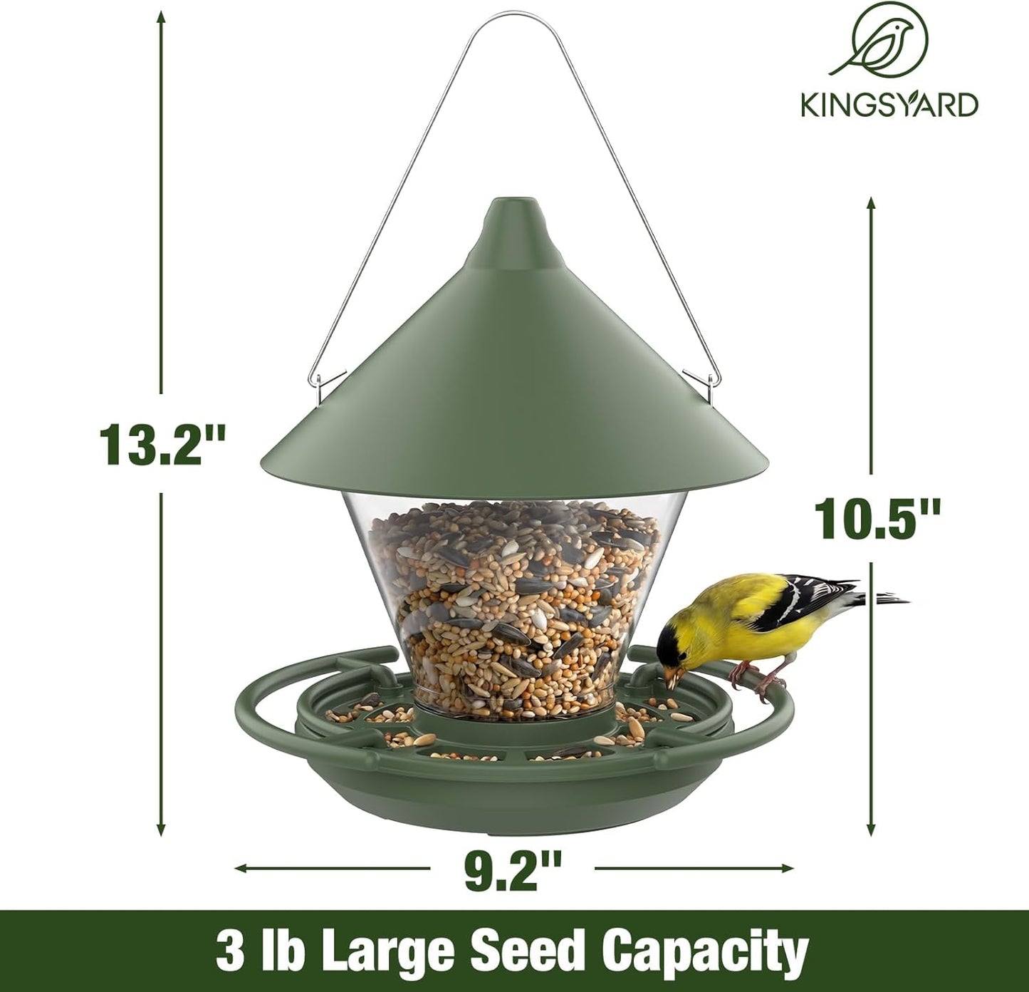 Kingsyard Wild Bird Feeder for Outdoors Hanging, No-Waste Tray with Seed Guard & Circular Perch, Garden Yard for Cardinal Finch, 4 lb Large Capacity, Green