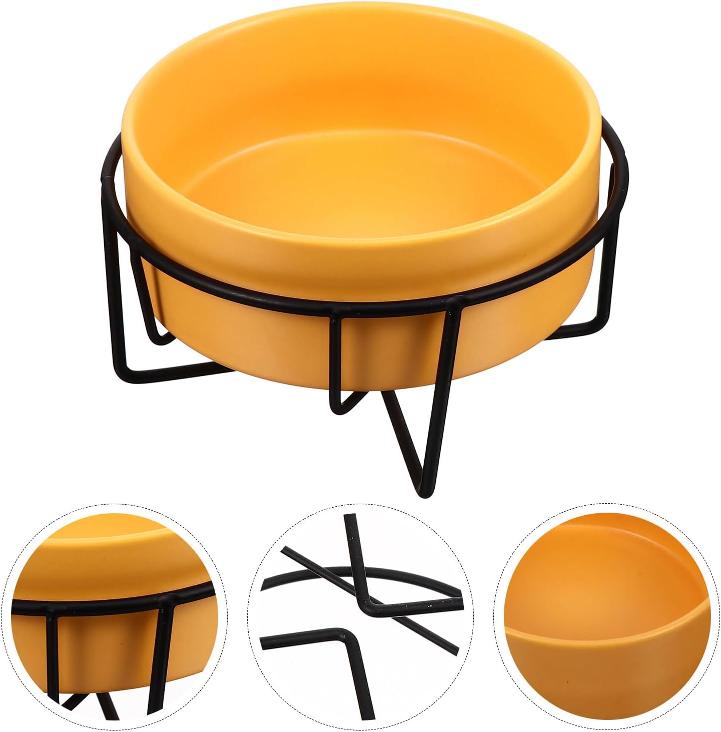 Milisten Ceramic Dog Bowl and Cat Bowl with Raised Black Iron Stand 14cm Protective Spine for Food and Water Yellow Pet Feeding Dish for Dogs and Cats