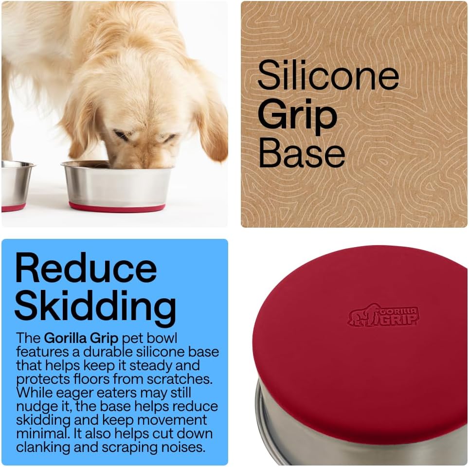 GORILLA GRIP Dog Bowls, Food Grade 304 Stainless Steel, Holds 2 Cups Each (16 fl oz) Food and Water Bowl for Feeding Dogs and Cats, Dishwasher Safe, Rust Resistant, BPA Free Rubber Base Set of 2 Red