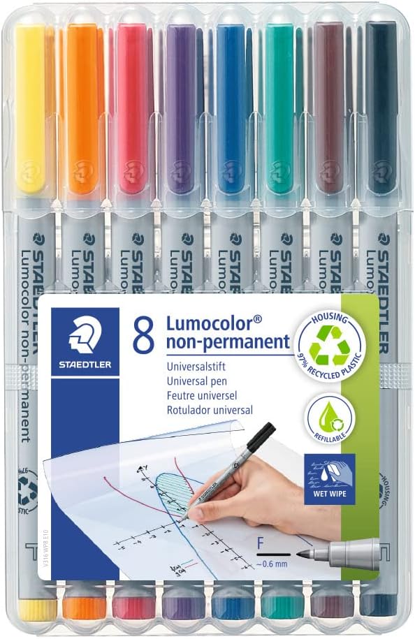 Staedtler Lumograph Non-Permanent Wet Erase Marker Pens, Fine Tip Refillable Colored Markers, 8 Pack, 315 WP8
