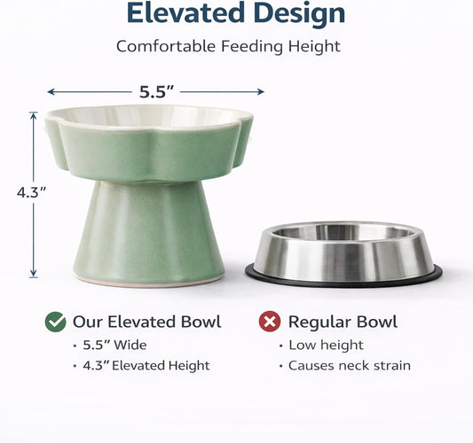 Ceramic Elevated Slow Feeder Cat Bowl, Raised and Gently Tilted Feeding Dish with Maze Design, Whisker-Friendly, Easy to Clean, for Indoor Cats and Small Dogs (Green/Ivory)