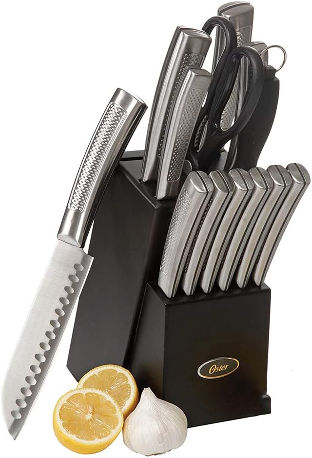 Oster Wellisford Stainless Steel Kitchen Cutlery Set with Black Wood Block Holder and Knife Sharpener for Home Chef Cooking Cutting, 14 Piece (Silver)