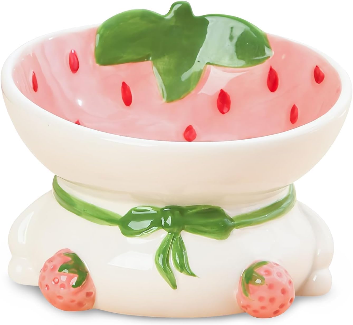 kathson Ceramic Raised Cat Bowl, 15° Tilted Elevated Cat Food Bowl, Raised Cat Food Bowls Anti Vomiting, Small Cat Feeding Bowlswith Stand for Protecting Spine, Strawberry Shaped Cute Kitten Bowl