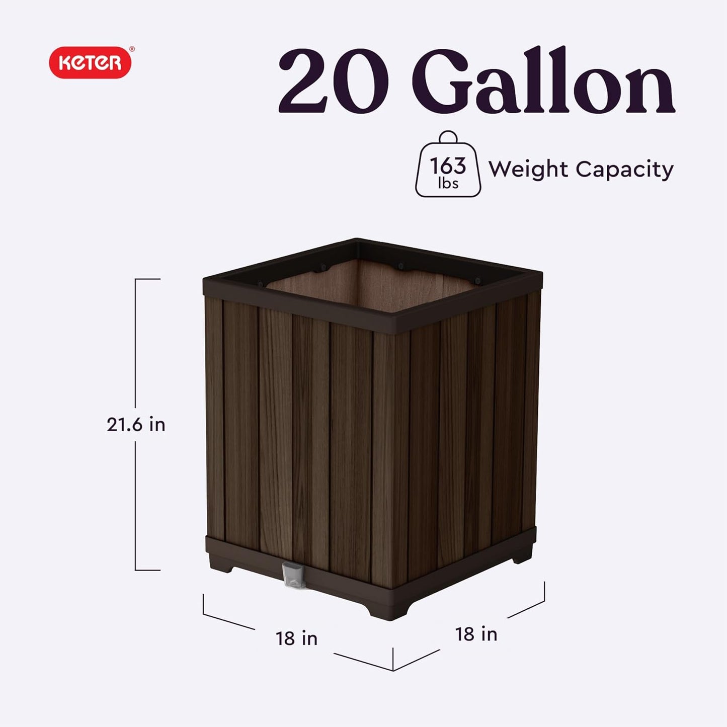Keter Signature 21.6 Inch Tall Square Large Wood Look Planter for Indoor or Outdoor Flower Pot Ideal for Patio Deck and Front Porch Decor, Rosewood