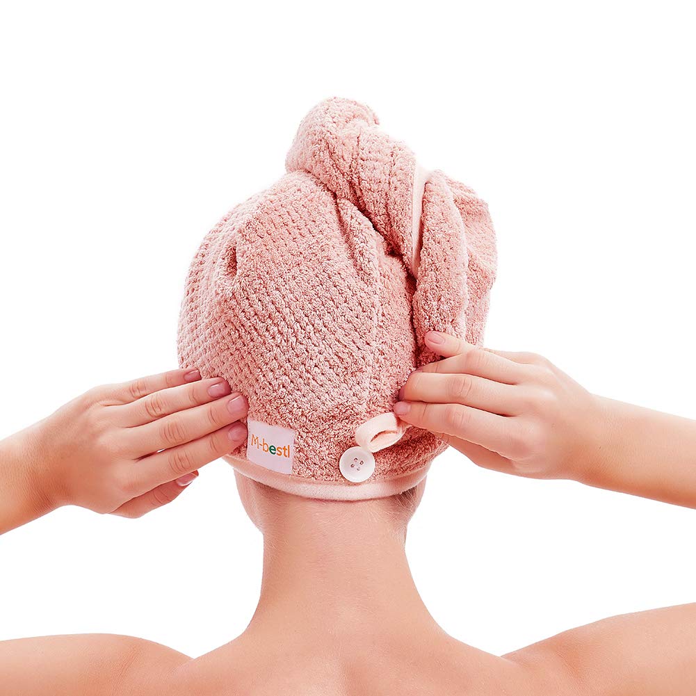 2 Pack Microfiber Hair Towel Wrap,Hair Drying Towel with Button, Hair Towel Turban,Quick Dry,Anti-frizz,Absorbent Head Towel (Pink&Beige)