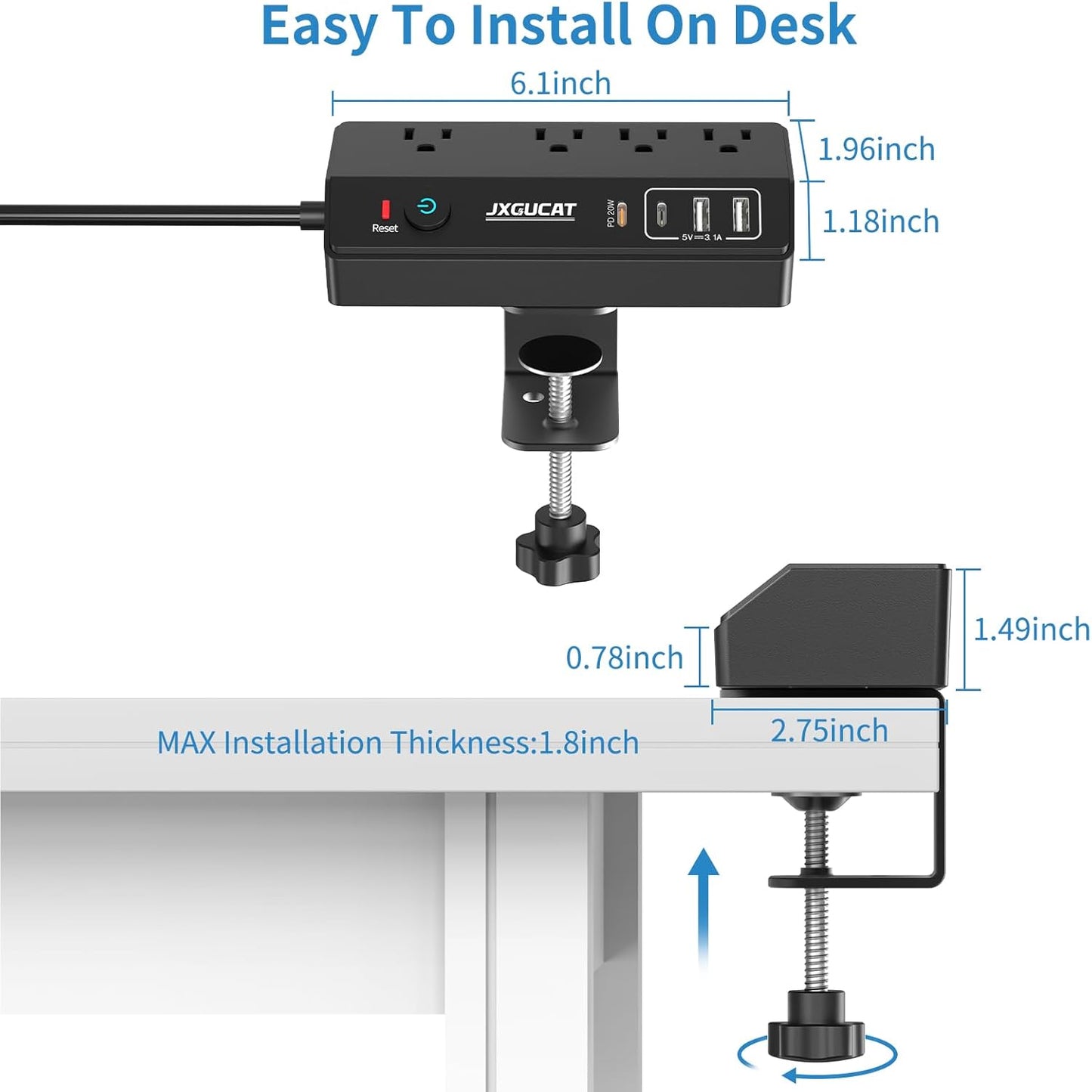 Desk Clamp Power Strip 10FT with PD 20W Fast Charging USB C, JXGUCAT Desktop Mount Power Strip Surge Protector, Removable Extension Cord with 4 Outlets 4 USB Ports, Fit 1.8" Tabletop Edge, Black
