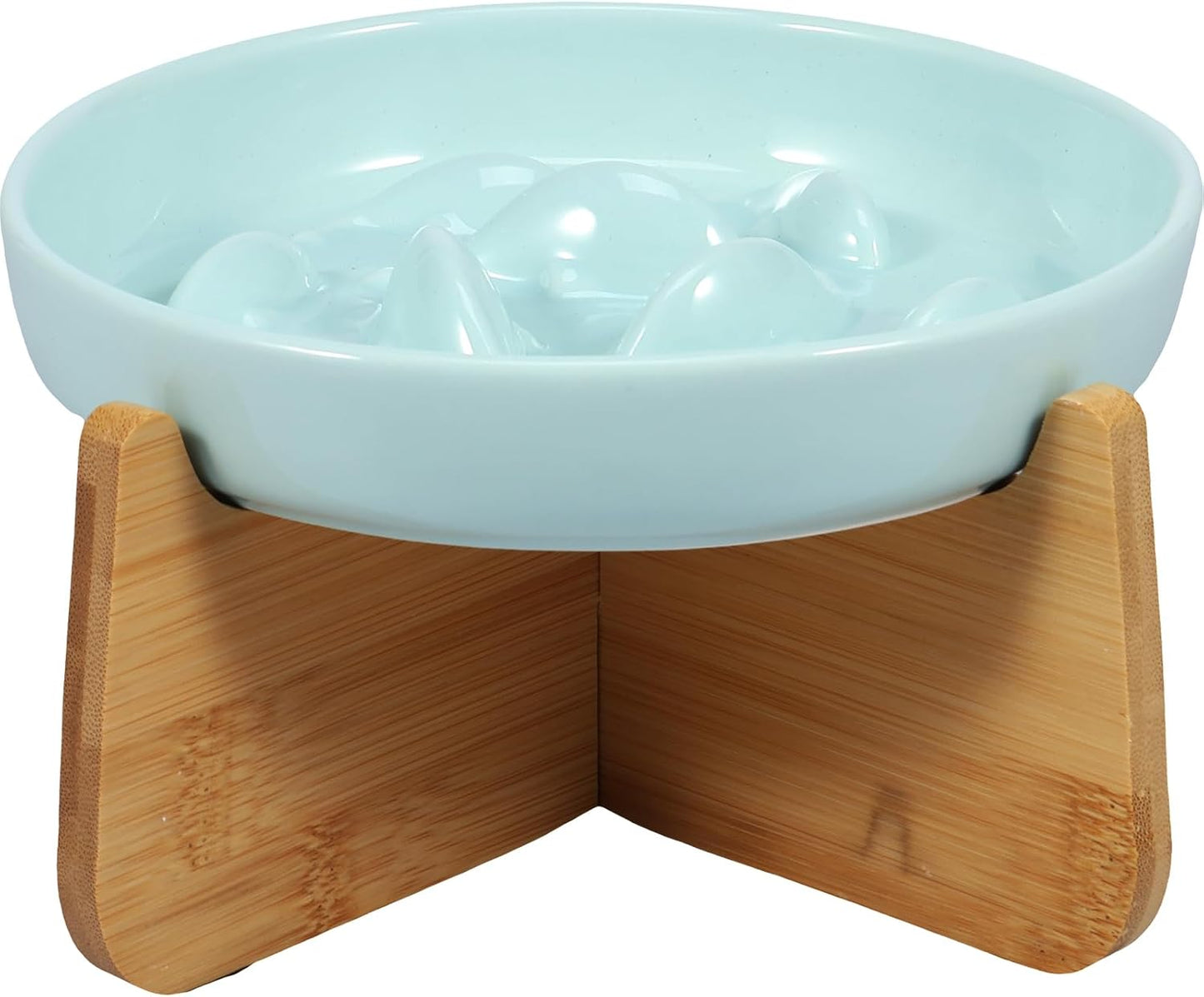 Raised Cat Bowl Elevated Cat Bowls with Wood Stand Ceramic Raised Cat Slow Feeder Bowl 6.4×1.14 Inch Cat Feeding Bowl Anti Vomiting Cat Food Bowl Non-Slip Slow Eating Cat Bowl Cat Dish Feeder