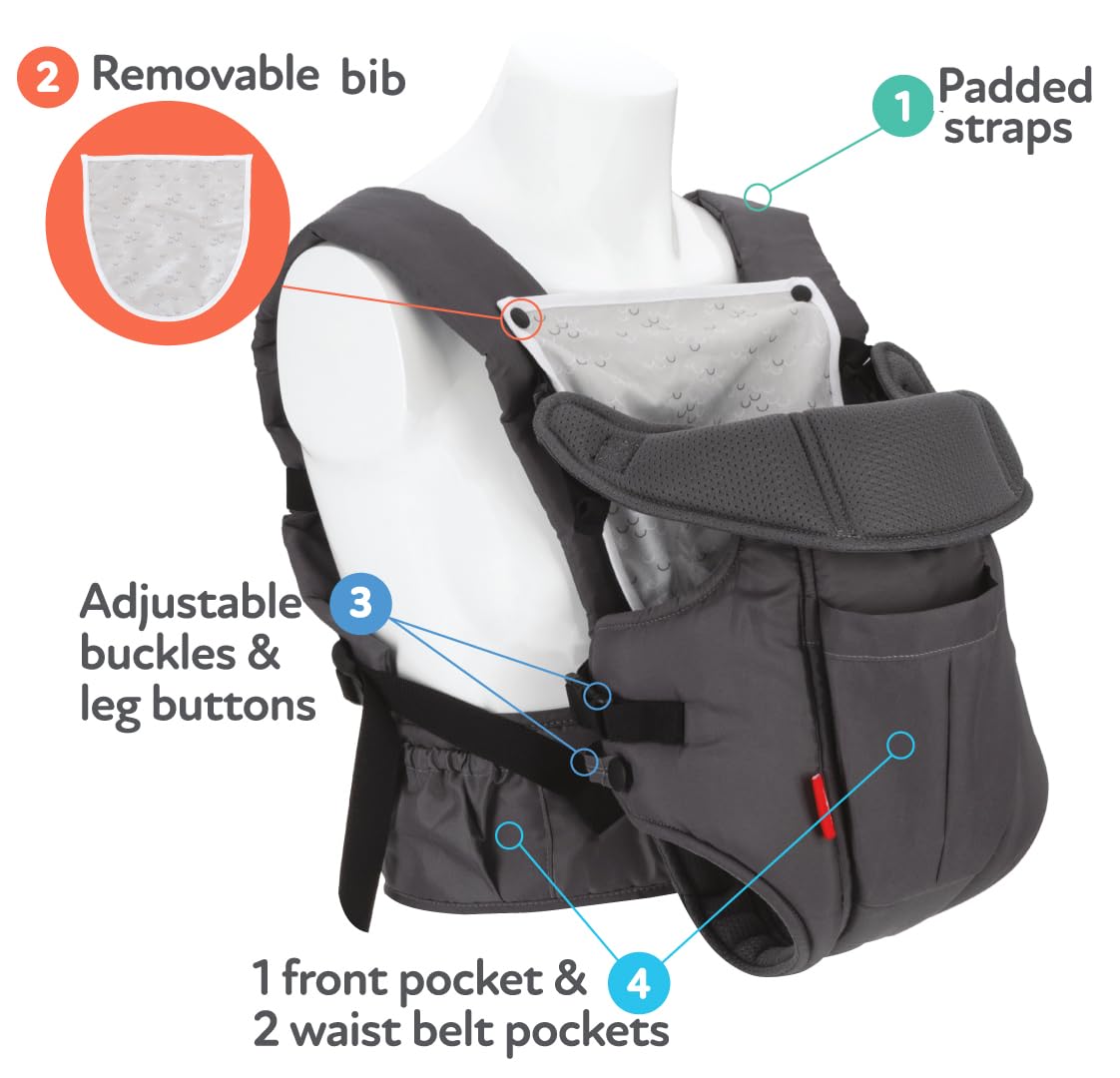 Nuby Deluxe Baby Carrier: Newborn to Toddler with Lumbar Support for 7.7-32.8 lb. (3.5-14.9 kg) | Lightweight Breathable Mesh Fabric | Bonus Teether | Removeable Baby Drool Bib | Color: Grey
