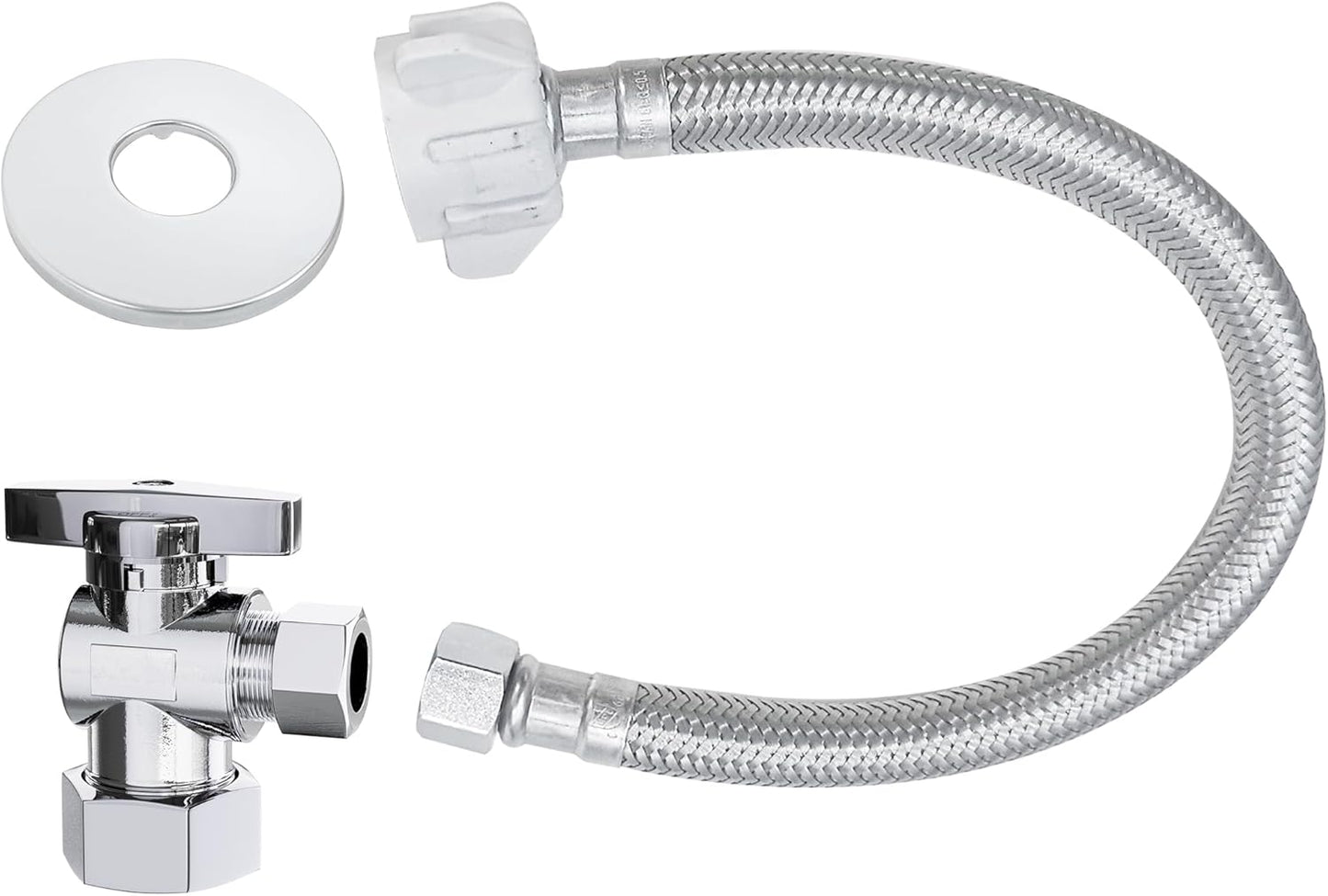 VINTEX Toilet Connector Plumbing kit，Complete Toilet Set Valve with 12" Long Stainless Steel Toilet Connector Hose，1/2 inch NOM Inlet x 3/8 inch OD Compression Outlet Angle Shut Off+Escutcheon Plate