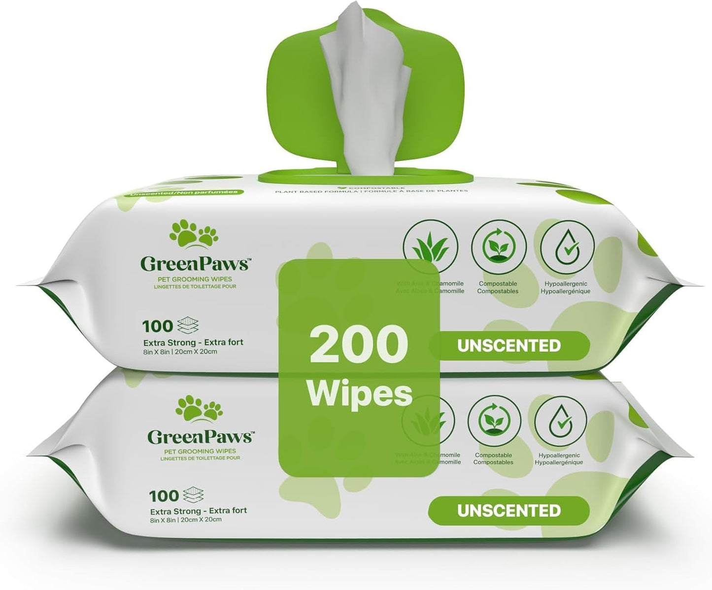 Premium Unscented Dog Wipes for Paws and Butt 200 Count - Compostable, Plant Based Dogs and Cat Wipes, Strong Grooming Pet Wipes for Dogs and Cats - Use on Body, Bum, Ear & Paws (Pack of 2)