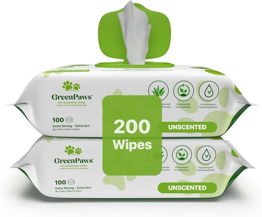 Premium Unscented Dog Wipes for Paws and Butt 200 Count - Compostable, Plant Based Dogs and Cat Wipes, Strong Grooming Pet Wipes for Dogs and Cats - Use on Body, Bum, Ear & Paws (Pack of 2)