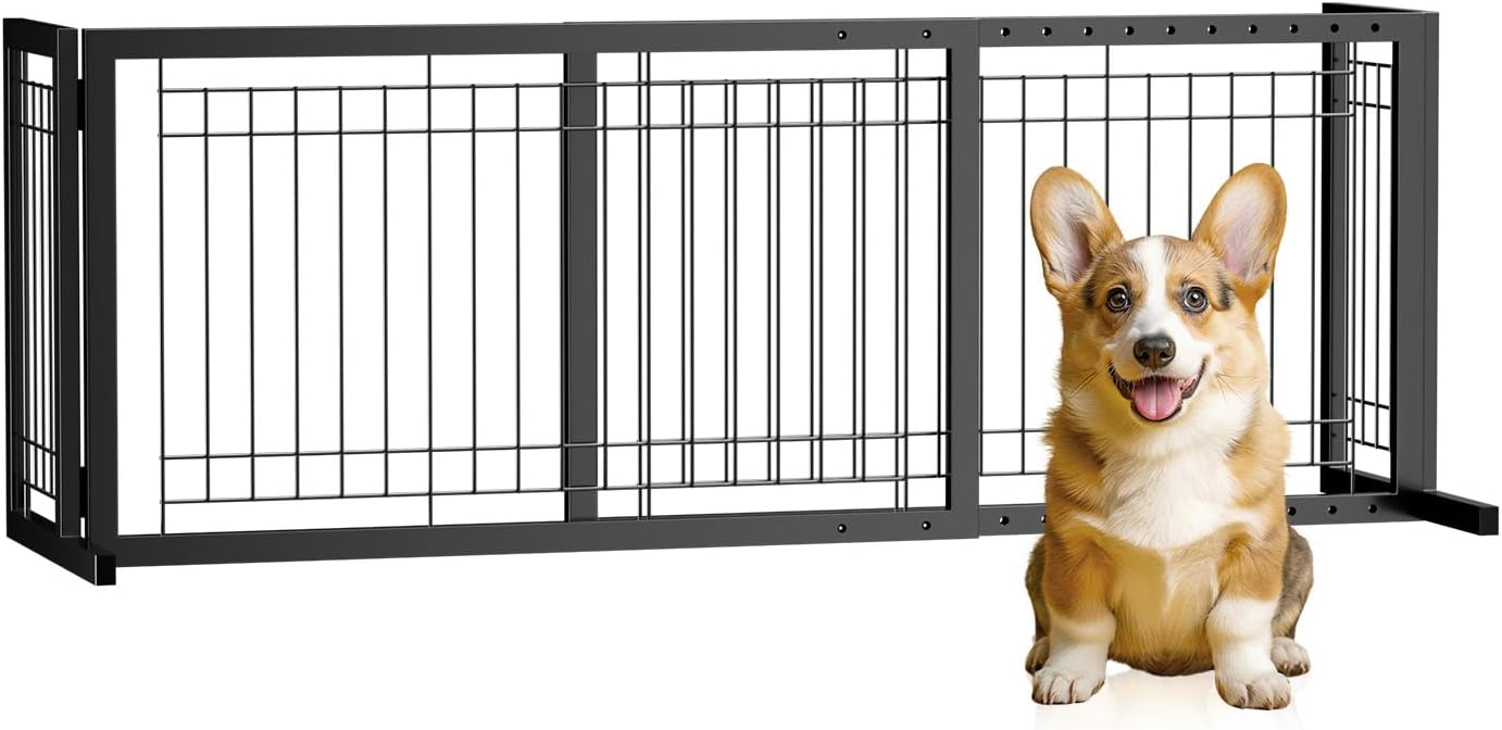 Outvita Dog Gate FreeStanding, 21" Height Pet Gate Extra Wide Dog Gates for Stairs Doorways Front Porch Fireplace, 39" - 67" Wide Metal Adjustable Pet Fence Indoor, Black