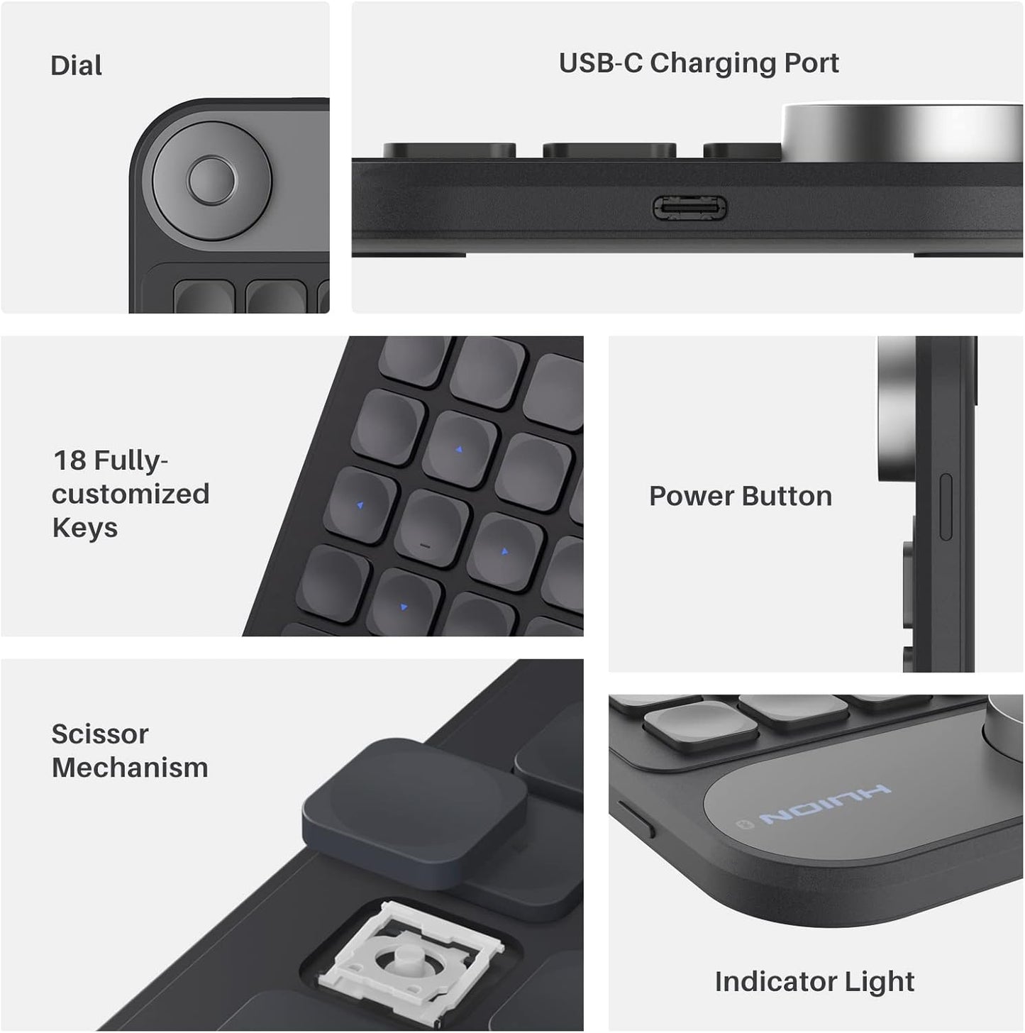 HUION Keydial Mini Bluetooth Programmable Keypad with Dial 5 Keys Anti-ghosting 18 Customized Keys, Wireless Shortcut Keyboard for Drawing Tablet, PC, MacBook, Surface Pro, Laptops