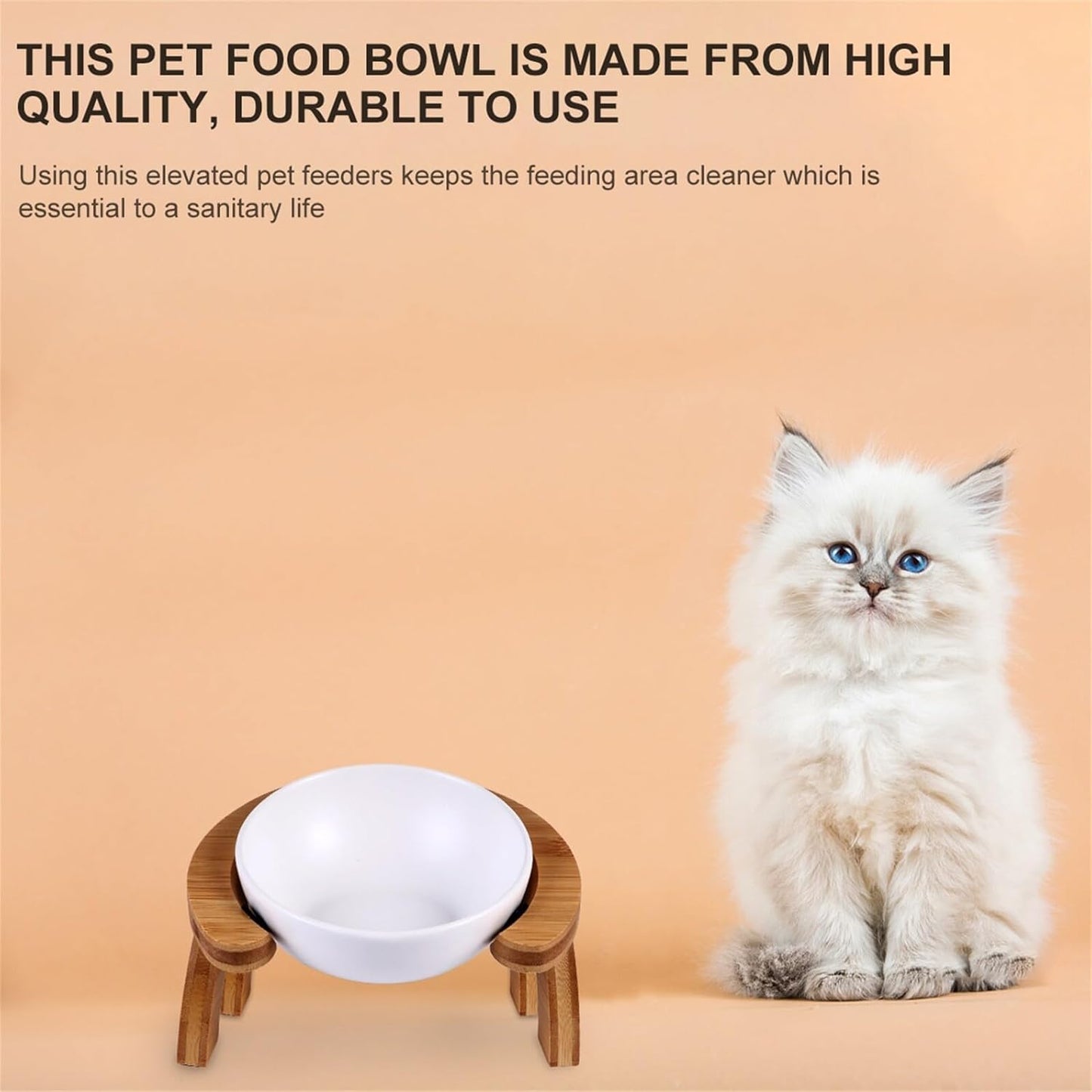 Milisten Pet Feeding Bowl Set 300ml Slanted Raised Cat Feeder with White Food Bowl and Rainbow Wooden Stand for Indoor Cats and Kittens