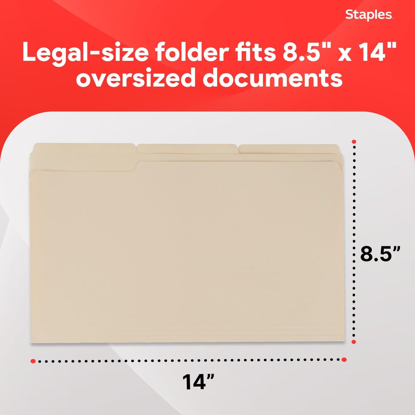 Staples Recycled File Folders, Legal Size, 1/3‑Cut Tabs, Manila, 30% Recycled Paper Stock, 100/Box