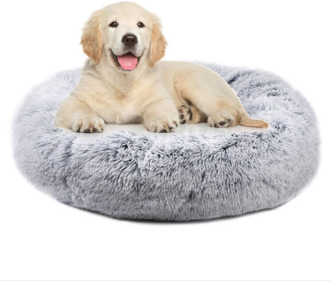 Mr. Peanut's OrthoPlush Two Tone Extra Fluff Faux Fur Donut Pet Bed (Small, Gray)
