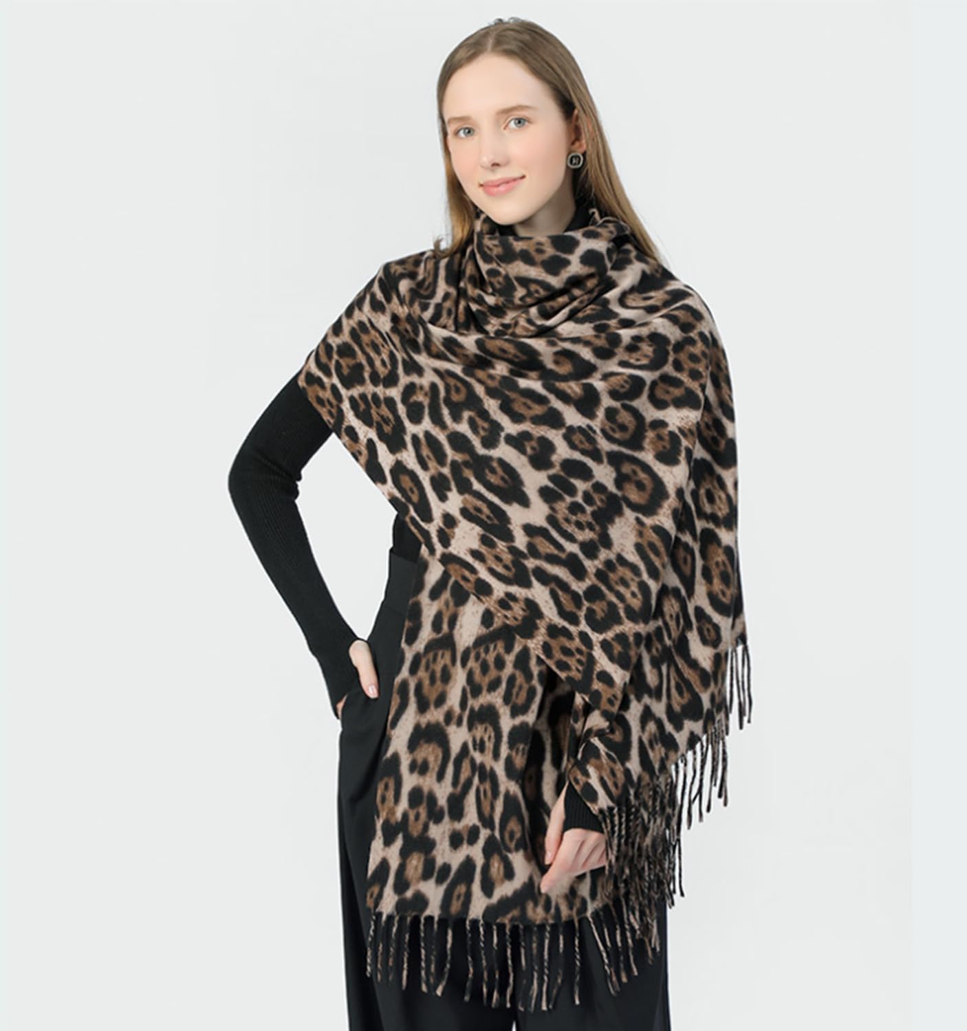 Women's Leopard-Print-Winter-Scarf Soft Cashmere Feels Warm-Shawl Scarves Long Blanket Wraps