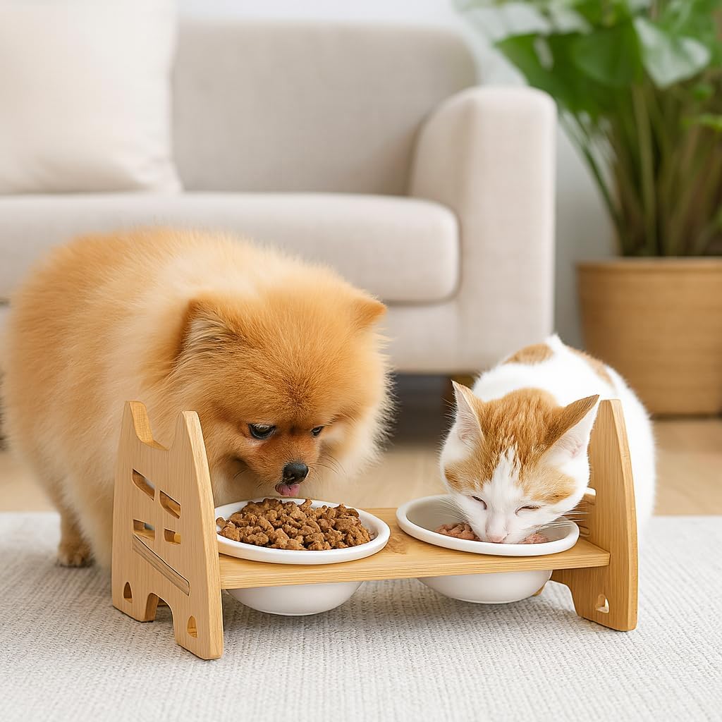 Elevated Dog Bowl Stand with 15° tilt, Adjustable Raised Dog Bowl, Ceramic Bowls, Non-Slip Feet, Foldable Design for Small Dogs and Cats, Slow Feeder Dog Bowls, Better Feeding Posture, Puppy Bowl