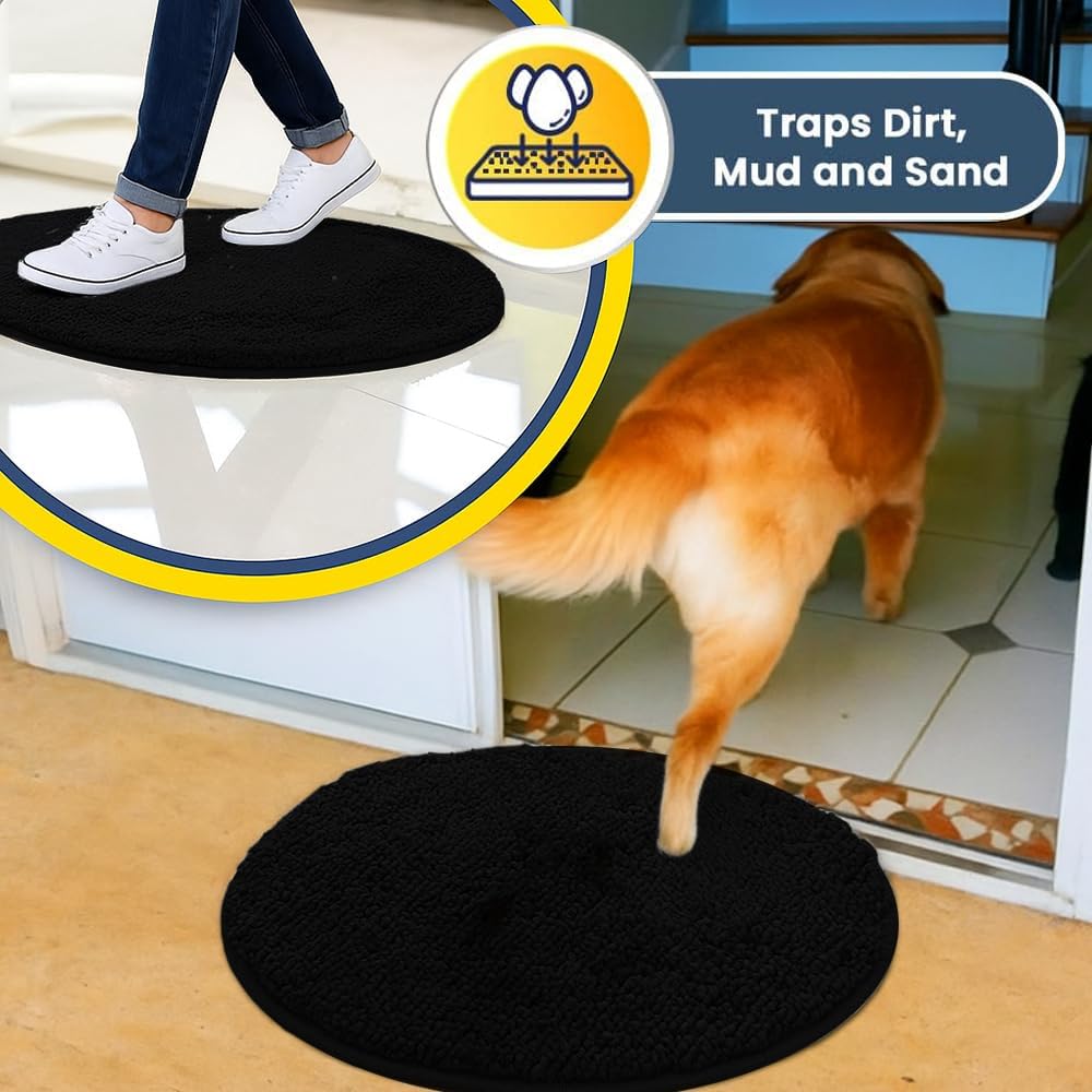 Muddy Mat® Shown on TV – Super Absorbent Microfiber Dog Door Mat for Muddy Paws, Non-Slip Washable Pet Rug, Quick Dry Chenille Entryway Carpet, Machine Washable Indoor Outdoor Mat, Black Round 4ft
