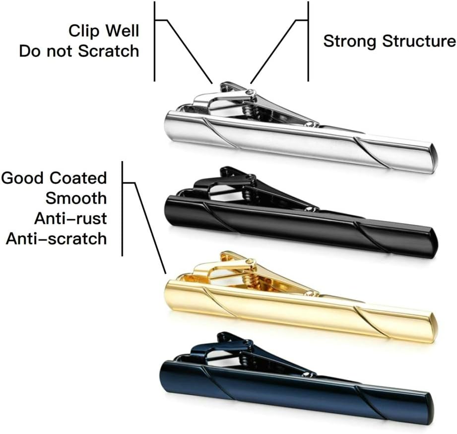 MOZETO Tie Clips for Men, Black Gold Blue Silver Tie Bar Set for Regular Ties, Luxury Box Gift Ideas