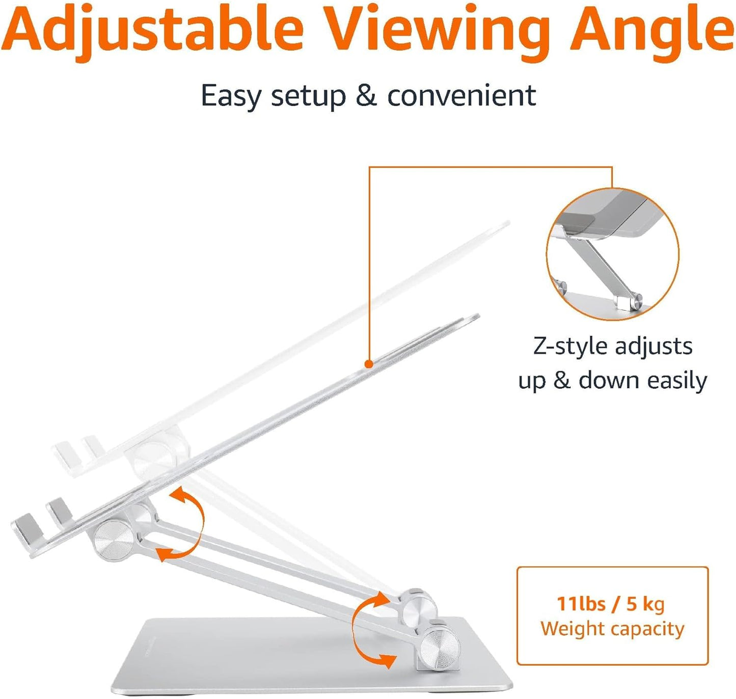 Amazon Basics Sturdy and Portable Ergonomic Laptop Stand for Desk, Height Adjustable Riser with Ventilated Cooling, Foldable, Fits all Laptops up to 17.3 Inch, Silver, 10 x 8.7 x 6 in