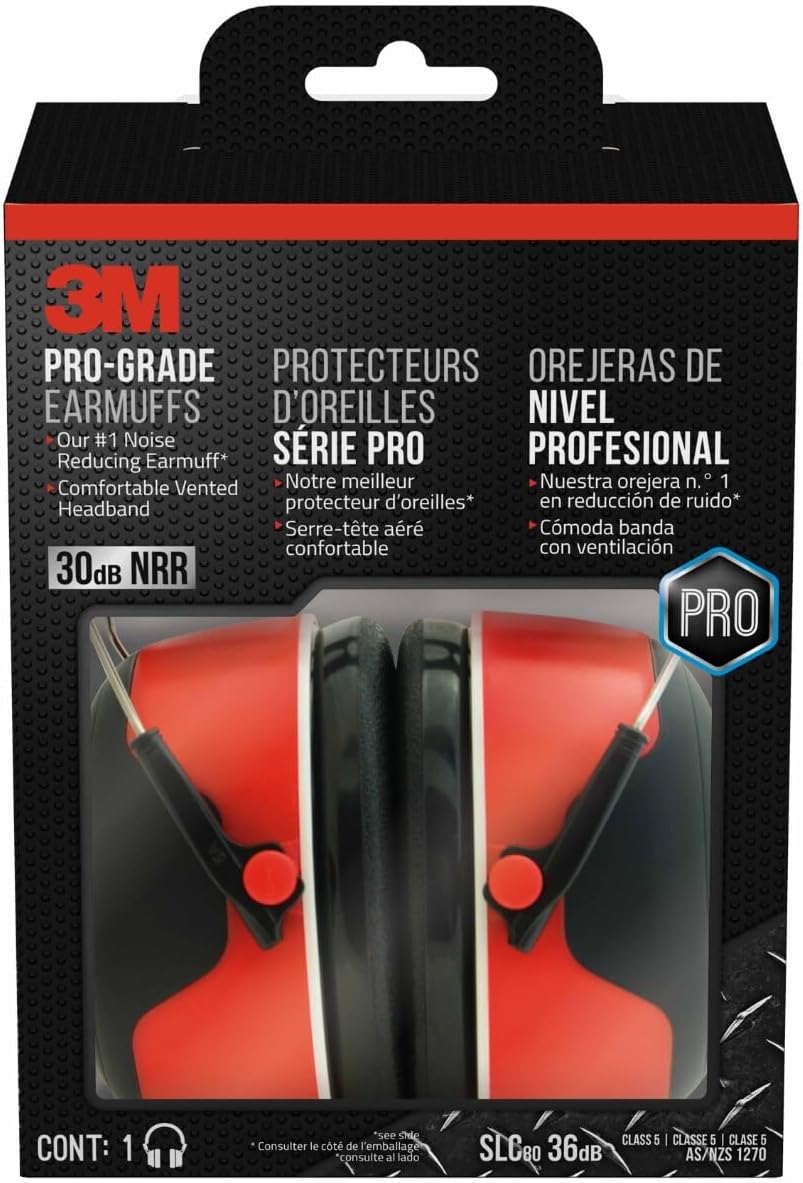 3M Pro-Grade Earmuff, Noise Reduction Rating (NRR) 30 dB, Lightweight & Adjustable Ear Muffs, Reduce Pressure Points For All-Day Comfort, Steel Wire Headband With Rubber Overmold Design (90565-4DC-PS)