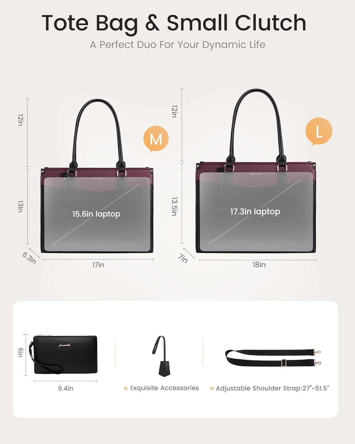 LOVEVOOK Laptop Bag for Women, 2-in-1 Tote Purse with Clutch & Cup Holder, Waterproof Briefcase for Work Travel
