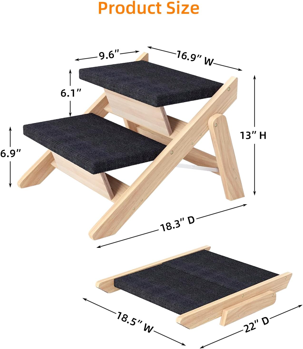 Dog Stairs/Ramp for Bed, Wooden 2-in-1 Foldable Pet Stairs & Ramp, Portable Dog Step Up to 180 Pound for Elderly/Short-Legged Dogs, 2 Steps for Beds, Couch, Cars