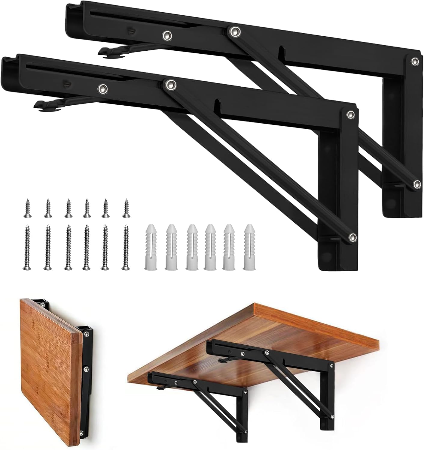 Storystore Folding Shelf Brackets - 10 Inch Heavy Duty Metal Collapsible Shelf Bracket for Bench Table, Shelf Hinge Wall Mounted Space Saving DIY Bracket, Max Load: 150 lb (2 PCS, Black)