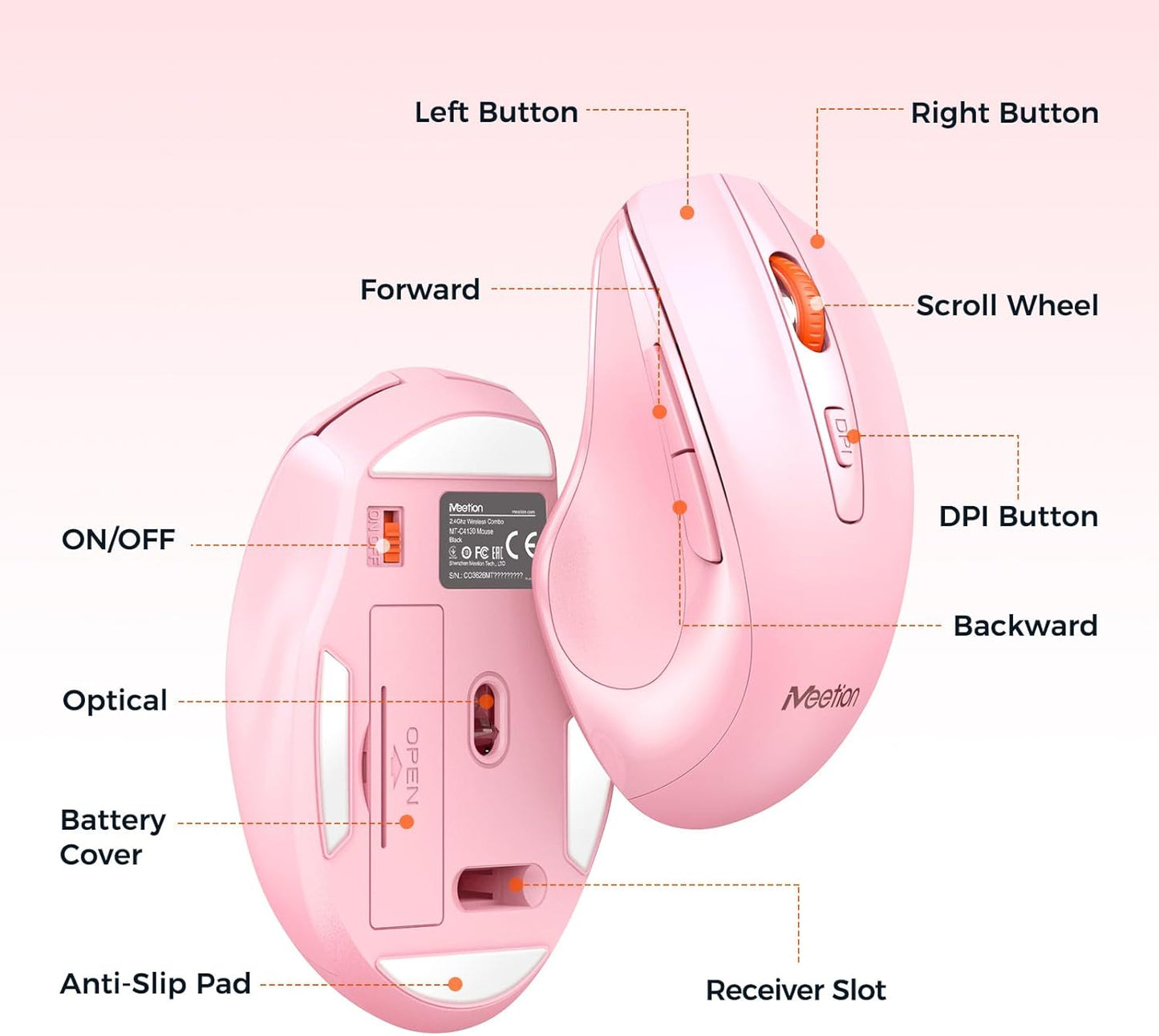 MEETION Wireless Keyboard and Mouse, Full-Sized Cordless Keyboard with Wrist Rest, 3 DPI Adjustable Mouse, Keyboard and Mouse Set with 2.4GHz USB Receiver, for PC/Computer/Laptop/Windows/Mac, Pink