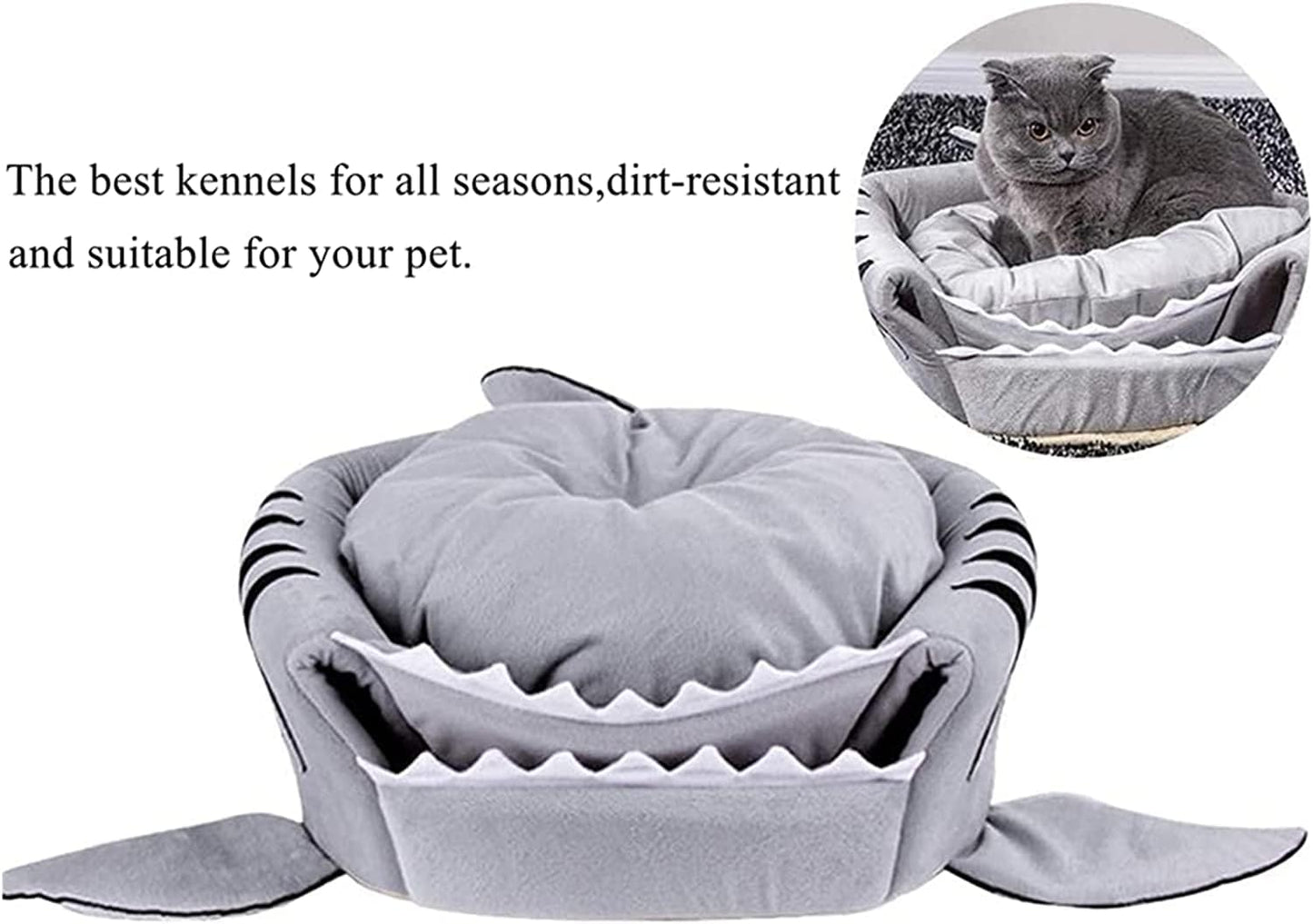 Cat Litter Hot Cat Mat Shark-Shaped House Warm Kennel Kitten Bed One Mat Two Usage Shark Bed for Small Cats Dog Cave Cozy Bed Removable （Light Grey）