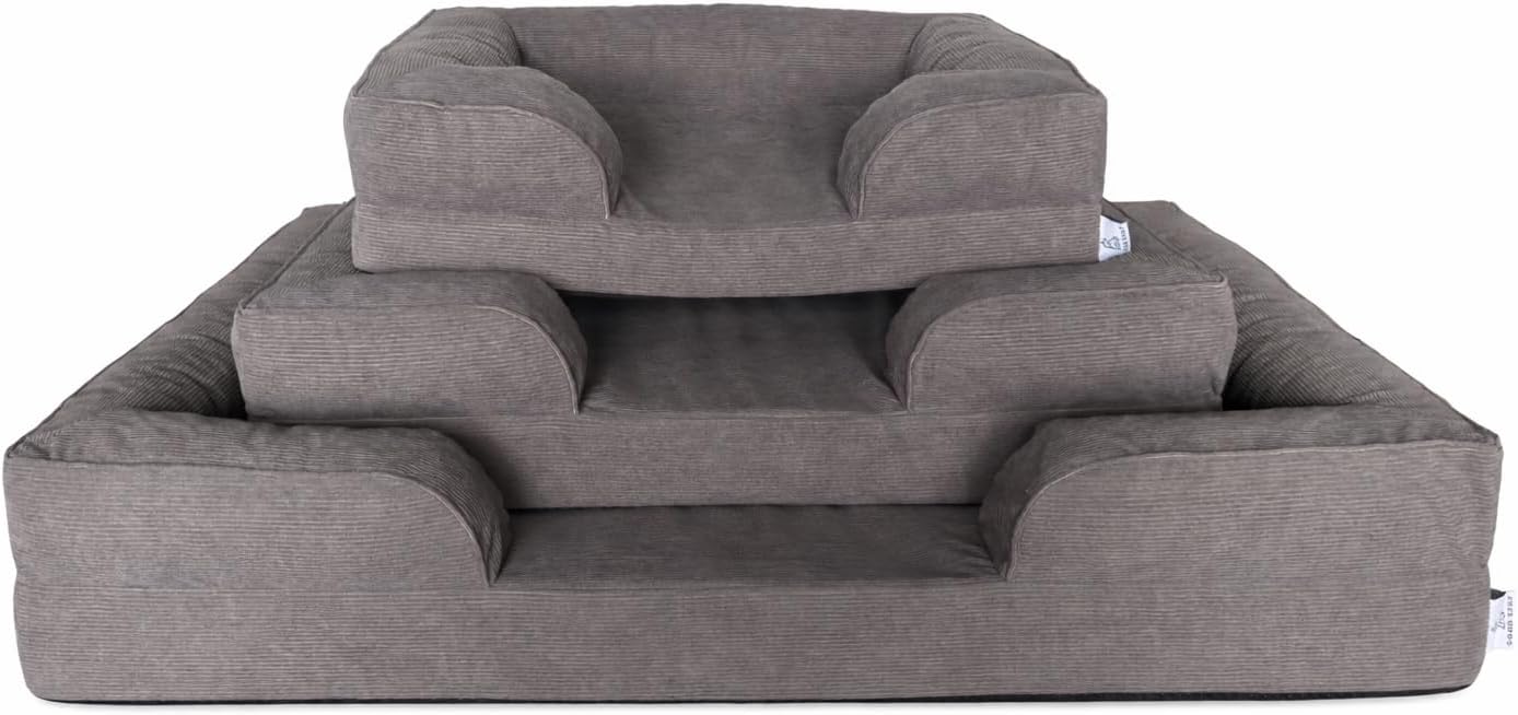 Gray Corduroy Orthopedic Dog Bed with Bolster – Memory Foam, Washable Removable Cover, Non-Slip Bottom (Large)