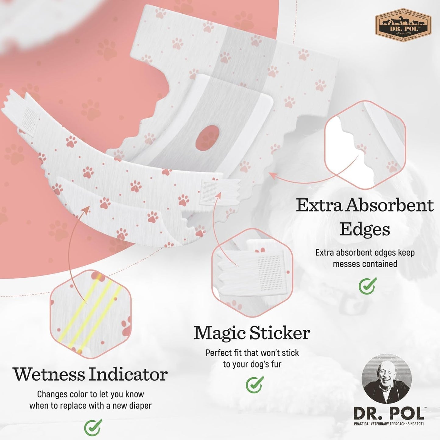 Dr Pol Dog Diapers for Female Dogs | Disposable Pet Diapers with Wetness Indicators | Adjustable Fit | Leak Protection & Super Absorbent | Perfect for Heat Cycles & Training Accidents | Pack of 50