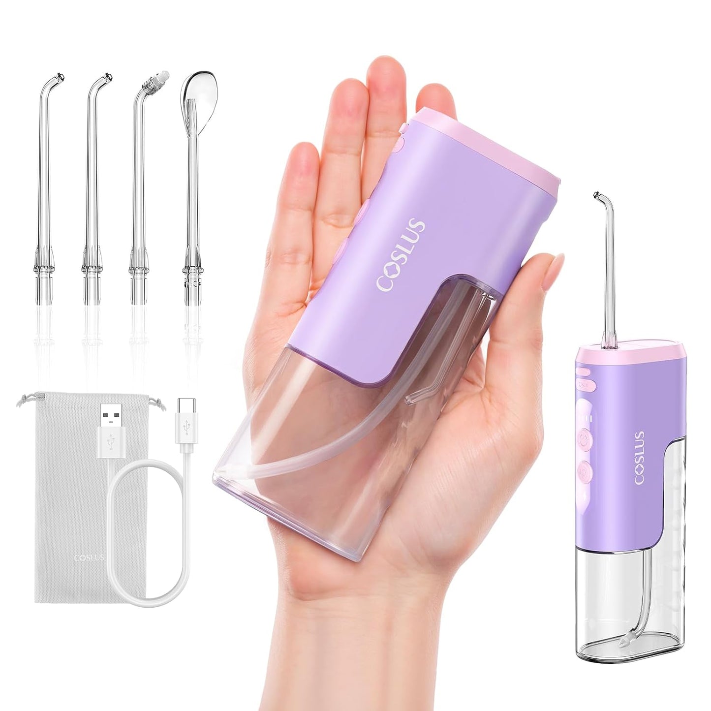COSLUS T40 Mini Water Flosser for Travel: Portable Compact Design, Cordless Oral Irrigator with 4 Jet Tips, Removable Tank & IPX7 Waterproof for Braces, Sensitive Teeth & On-The-Go Use, Pink Purple