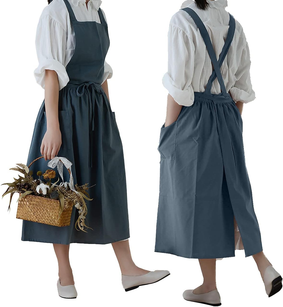 Cotton Pleated Apron Retro Waterdrop Proof Garden Cleaning Pinafore Dress