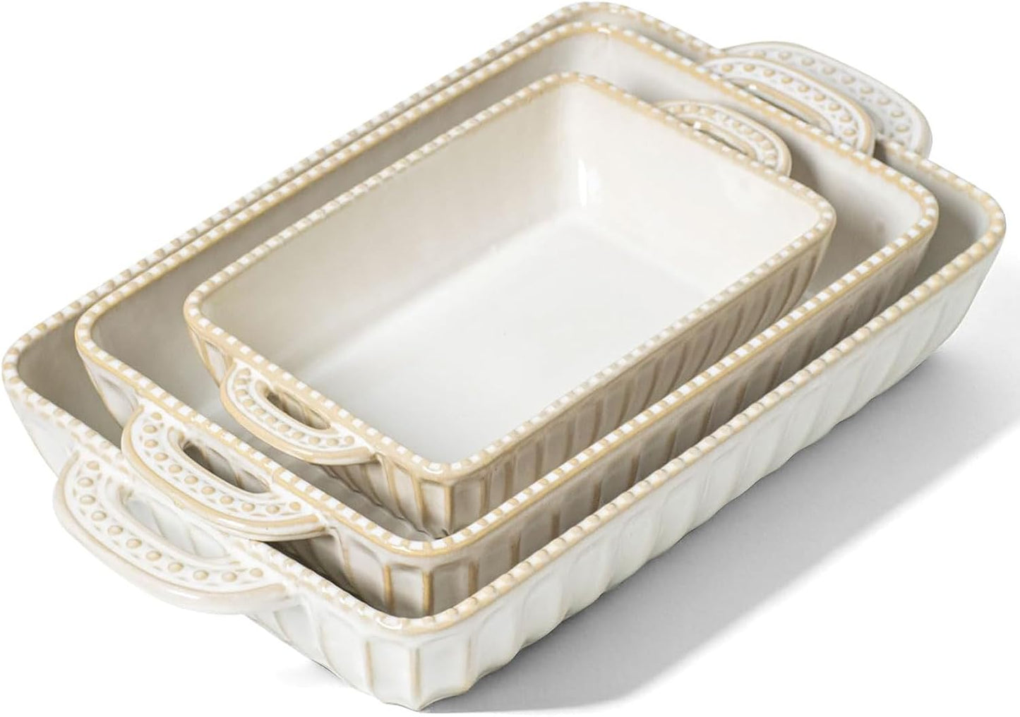 Casserole Dish for Oven, Ceramic Baking Dishes Set, Vintage Hobnail Bakeware Sets of 3, Rectangular Baking Pan, Deep Lasagna Pan with Handle for Cake, Wedding Kitchen Gift, 13.77“/11.6"/8.85"