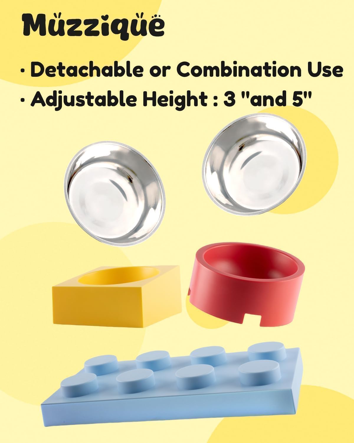 Cat Food Water Bowl Set, for Cats/Dogs, w/ 2 Raised Stainless Steel Puppy Bowls, Elevated DIY Kitten Metal Dishes Stand, Flat Tilted Pet Holder, No Spill Anti Whisker Fatigue Plastic Feeding Station