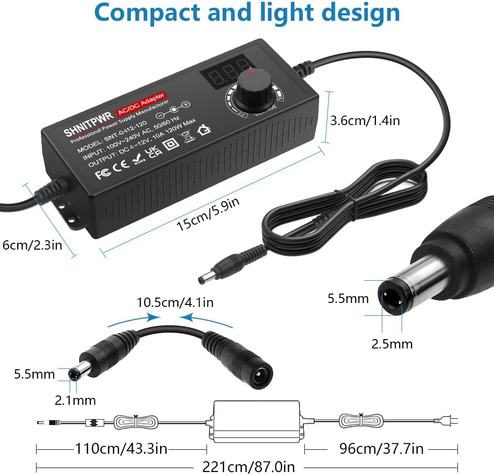 SHNITPWR 4V - 12V Power Supply 10A 120W AC to DC Adapter DC 4V 4.5V 5V 6V 7V 8V 9V 10V 11V 12V Voltage Adjustable Universal Power Converter Transformer 100-240V AC In with 14 Tips & Polarity Converter