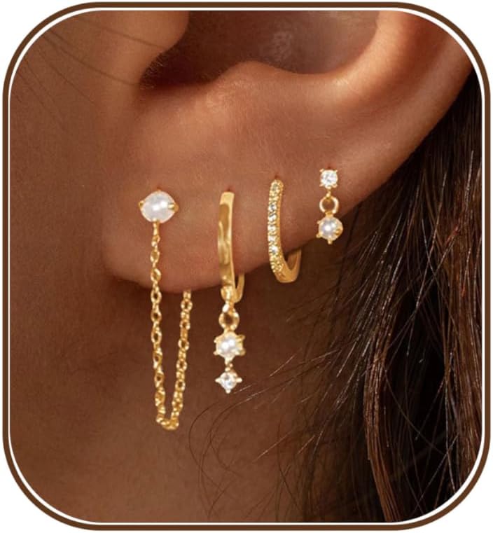 Gold Earrings for Women, 14k Gold Plated Dangle Huggie Earrings for Women Trendy Dainty Gold Hoop Earring Stacks Hypoallergenic Pearl Chain Drop Cartilage Earring Fashion Womens Jewelry